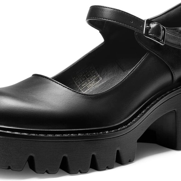 Women's Faux Leather Mary Janes Platform Pumps Low Heel Buckle Ankle Strap